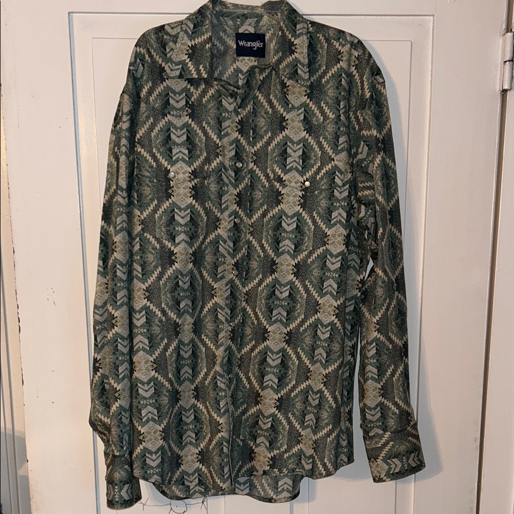 Wrangler Men’s Checotah Western Long Sleeve Shirt Green & Gray Large Pearl Snap